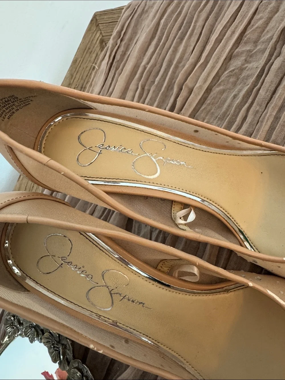 Jessica Simpson Beige Crystal-Studded Pointed Toe Pumps. Nude Mesh
